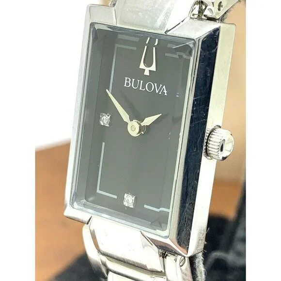 Bulova Womens Watch 96P209 Silver Tone Black Mother of Pearl Dial Diamon…